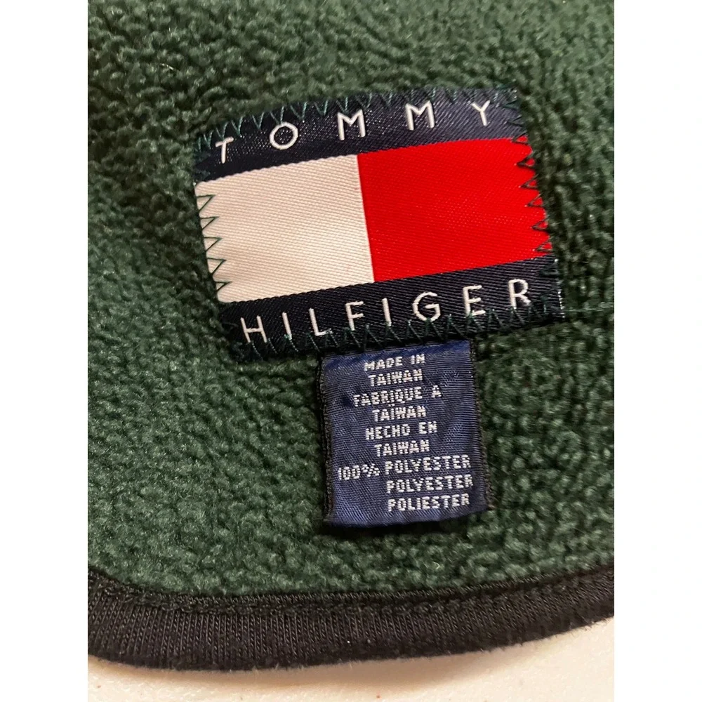 Vintage Tommy Hilfiger Fleece Scarf Green Black Stripe Embroidered Flag Logo